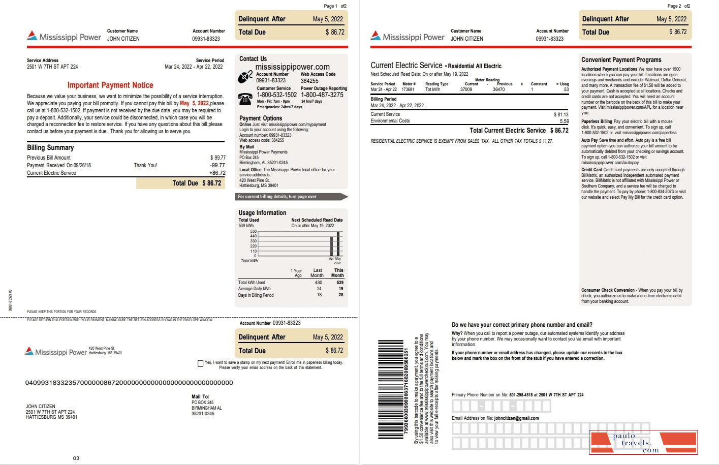 USA Mississippi Power utility bill, Word and PDF template, 2 pages